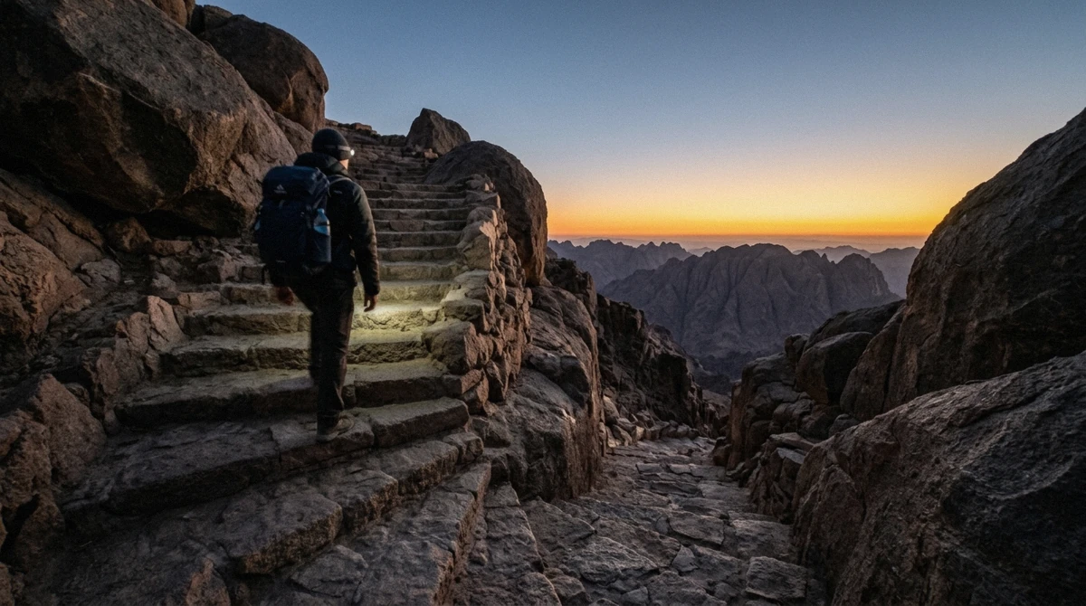 Headtorches lighting the stone steps of a first-time Mount Sinai climb before dawn near St Catherine's Monastery, Sinai, Egypt