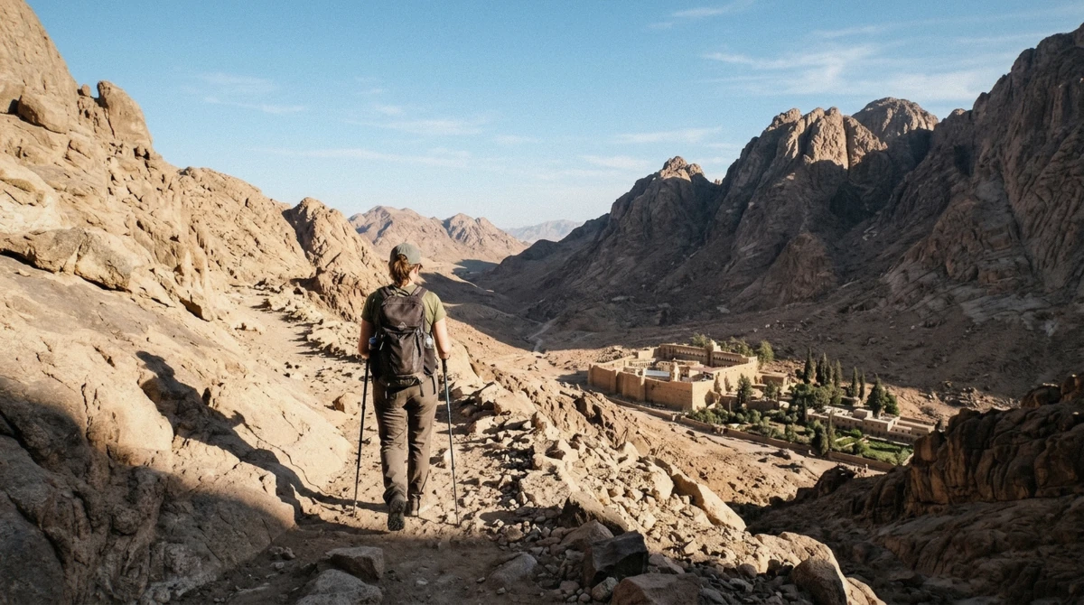 First-time climbers descending Mount Sinai in daylight after sunrise near St Catherine's Monastery, Sinai, Egypt