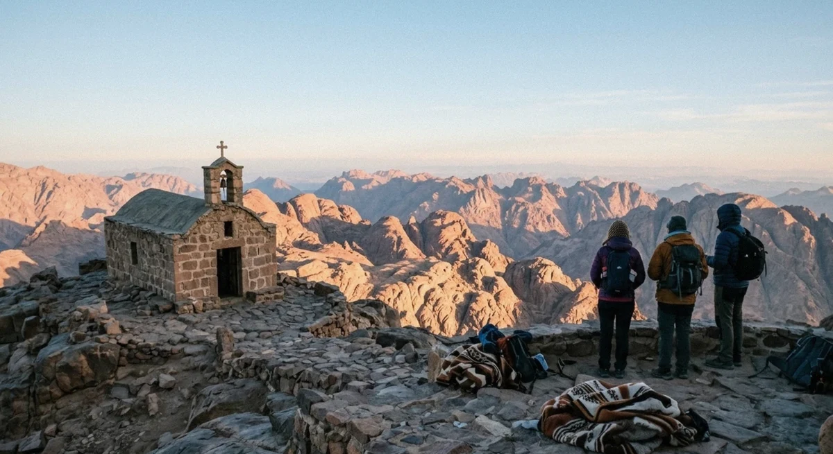 The chapel on the summit of Mount Sinai at sunrise, the finish point of a first-time climb from St Catherine's Monastery, Sinai, Egypt