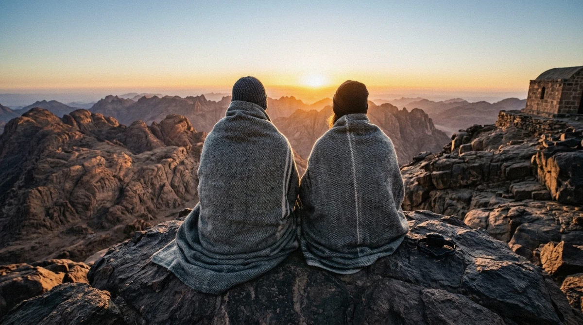 Layered hiking clothes and a headtorch ready for the Mount Sinai hike near St Catherine's Monastery, Sinai, Egypt