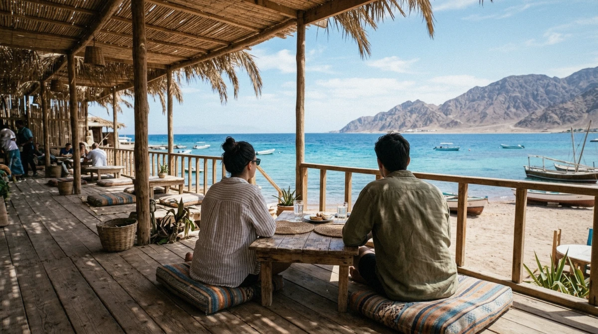 Beachfront lunch terrace in Dahab on the return leg of the private St Catherine's Monastery tour from Sharm El Sheikh, Egypt